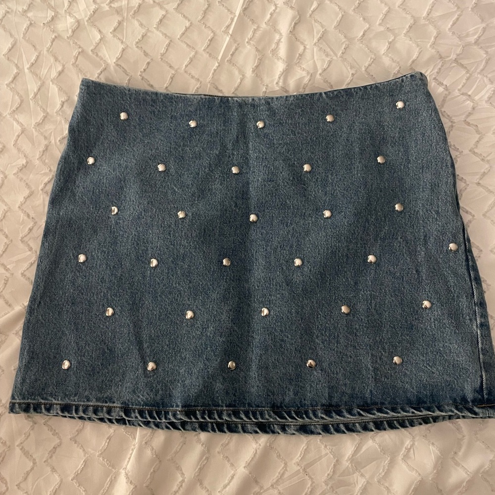 Blue Denim Mini Skirt with Silver Stud Details-100% Cotton